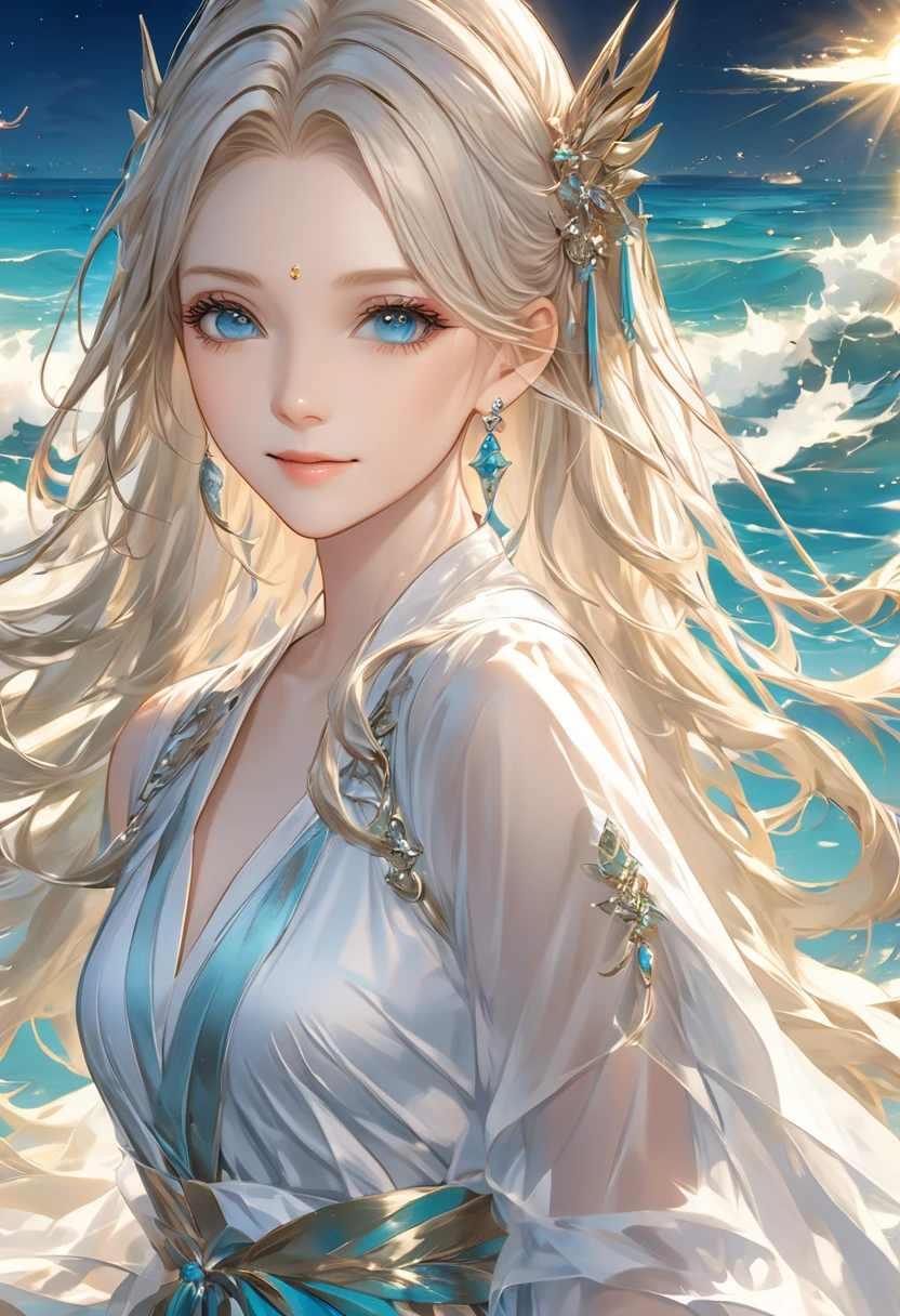 ((最high quality)), ((masterpiece)), (Detailed face and eyes:1.2), Perfect Face,anime character、masterpiece, Great painting, figure,8K, Super detailed, high quality, A woman with a goddess-like smile,euphilia, One Girl,長いブロンドの髪とDarkturquoise eyesをしたWhite Dressを着たアニメの*** ブルゴーニュ, Platinum Earrings, Platinum Necklace, White Dress, One girl, cute, (Dynamic Light: 1.2), Cinematic Light, Delicate facial features, Fine grain, Sharp pupils、Sandy Beach、White beach、Swimwear、