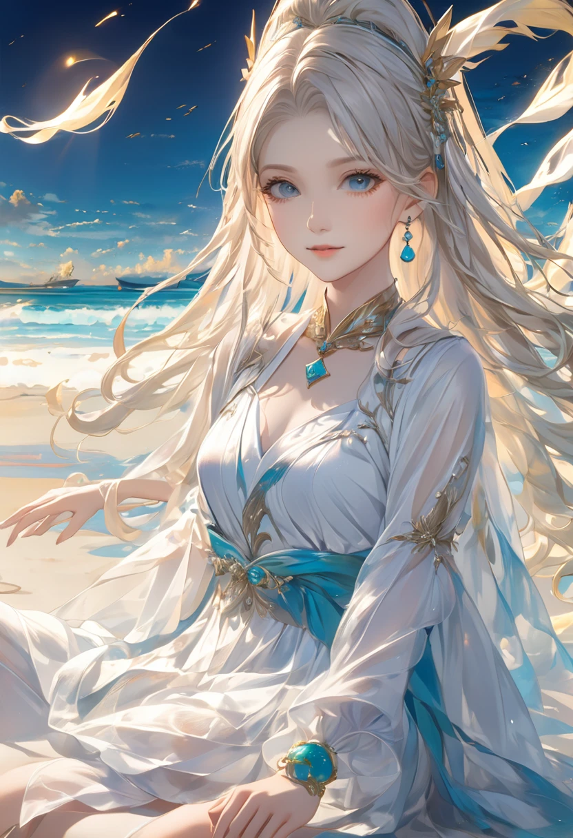 ((最high quality)), ((masterpiece)), (Detailed face and eyes:1.2), Perfect Face,anime character、masterpiece, Great painting, figure,8K, Super detailed, high quality, A woman with a goddess-like smile,euphilia, One Girl,長いブロンドの髪とDarkturquoise eyesをしたWhite Dressを着たアニメの女の子 ブルゴーニュ, Platinum Earrings, Platinum Necklace, White Dress, One girl, cute, (Dynamic Light: 1.2), Cinematic Light, Delicate facial features, Fine grain, Sharp pupils、Sandy Beach、White beach、Swimwear、