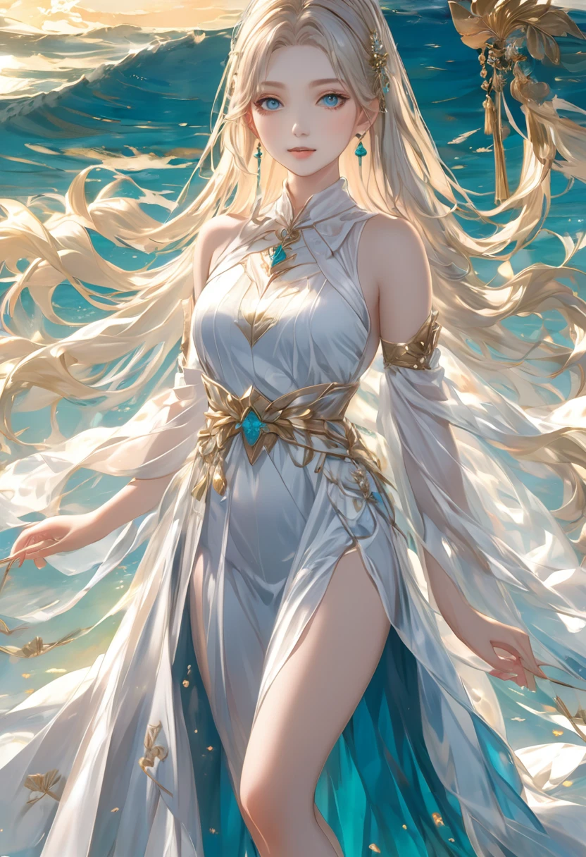 ((最high quality)), ((masterpiece)), (Detailed face and eyes:1.2), Perfect Face,anime character、masterpiece, Great painting, figure,8K, Super detailed, high quality, A woman with a goddess-like smile,euphilia, One Girl,長いブロンドの髪とDarkturquoise eyesをしたWhite Dressを着たアニメの女の子 ブルゴーニュ, Platinum Earrings, Platinum Necklace, White Dress, One girl, cute, (Dynamic Light: 1.2), Cinematic Light, Delicate facial features, Fine grain, Sharp pupils、Sandy Beach、White beach、Swimwear、