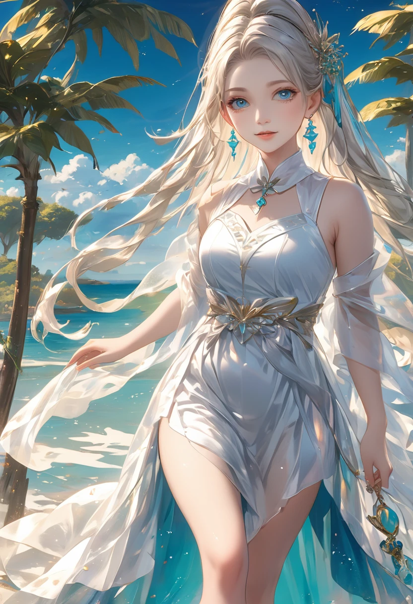 ((最high quality)), ((masterpiece)), (Detailed face and eyes:1.2), Perfect Face,anime character、masterpiece, Great painting, figure,8K, Super detailed, high quality, A woman with a goddess-like smile,euphilia, One Girl,長いブロンドの髪とDarkturquoise eyesをしたWhite Dressを着たアニメの*** ブルゴーニュ, Platinum Earrings, Platinum Necklace, White Dress, One girl, cute, (Dynamic Light: 1.2), Cinematic Light, Delicate facial features, Fine grain, Sharp pupils、Sandy Beach、White beach、Swimwear、