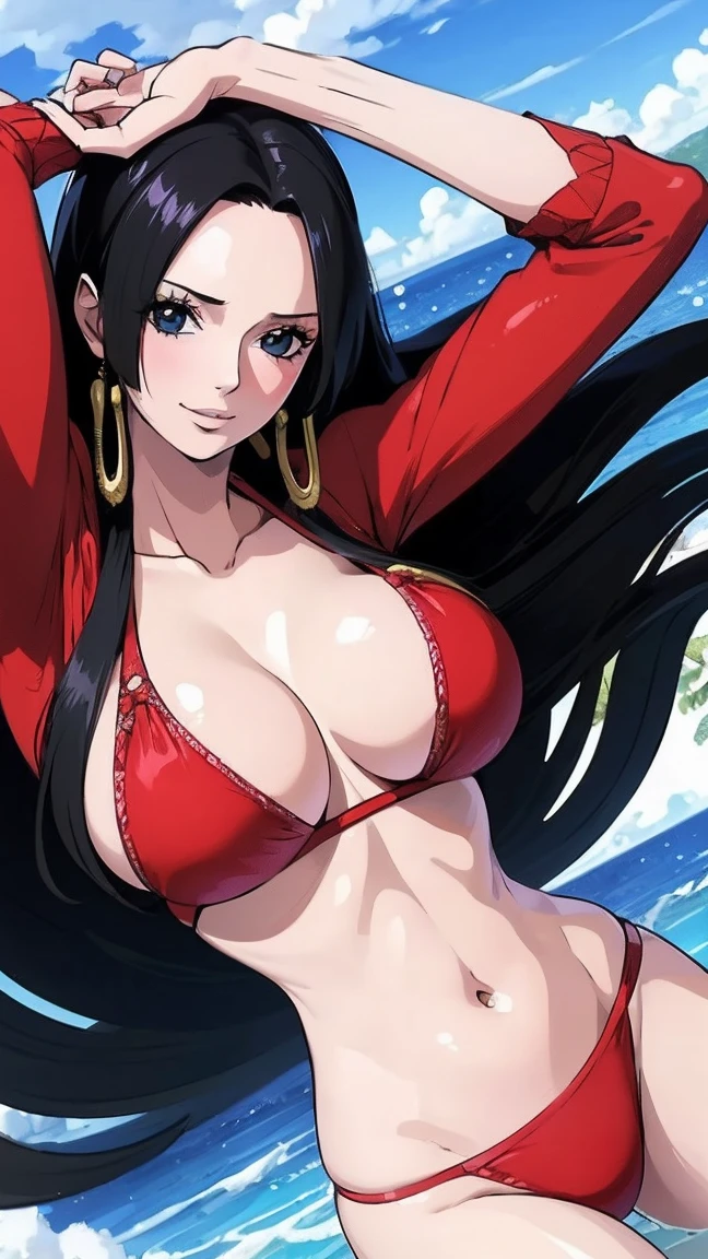 best quality, masterpiece, highly detailed,1girl, (detail light), Boa Hancock,, (masterpiece:1.5), Detailed Photo, Smiling,(8K, Photorealistic, Best Quality: 1.4), (1girl), Beautiful Face, (anime realistic Face), (Black Hair, long Hair: 1.3), Beautiful Hairstyle, Realistic eyes, beautiful detail eyes, (realistic skin), beautiful skin, absurd, attractive, ultra high resolution, ultra realistic, high definition, beach background, large breasts, red bikini