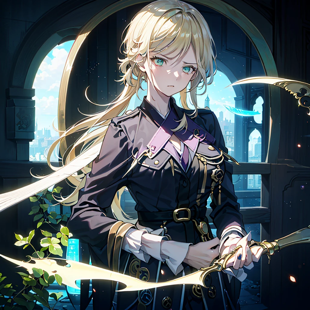 ((((Dramatic)))、(((grittiness)))、(((vehement))),Dressed in costume、He had a determined expression on his face.。Bright green eyes，Blonde hair,holy costume,((1 girl)),holy,