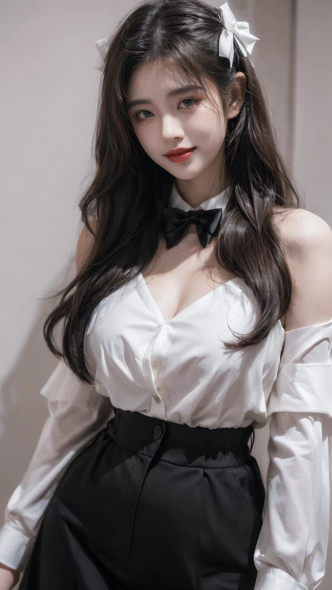 21yo girl,long hair is styled in loose waves,(smile),(smiling),(formal girl),(minimalist), wearing a white blouse with a large bow tie at the collar and thin black stripes, natural big breast, show big thigh, plump body,single sidelock hairpin blush modern cinematic lighting,ray tracing,drop shadow wide shot UHD,textured skin,high details,(below 1.2),best quality 4K