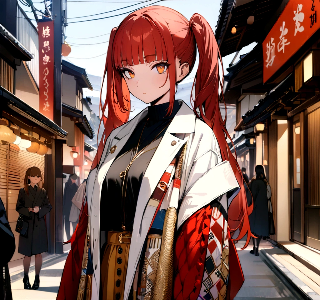 girl,full body,(detailed face:1.2), pure background,masterpiece, fashion,tokyo,kyoto, long hair, red hair, twintails, blunt bangs, RED AND GOLD eyes, ((high quality)), (masterpiece), grandes peitos