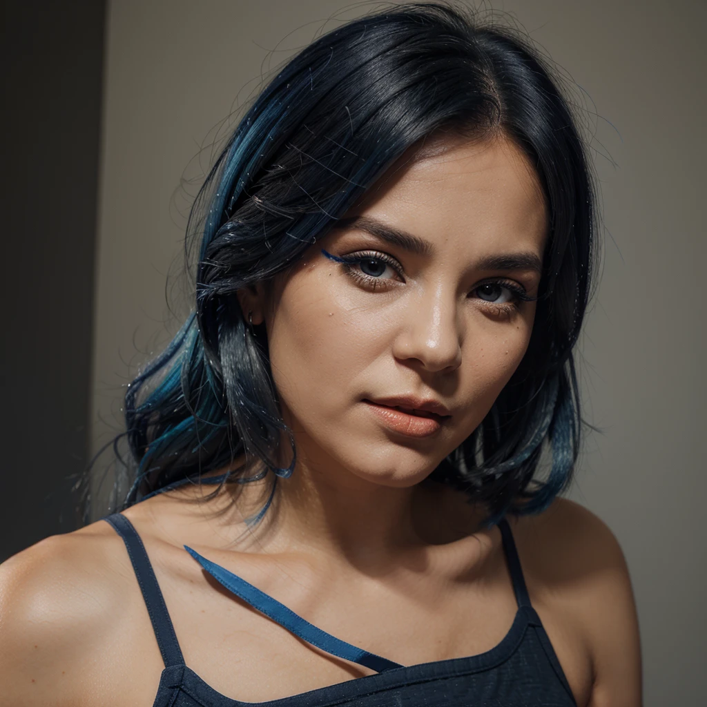 face in blue mascara with black buné gray hair orange camisole