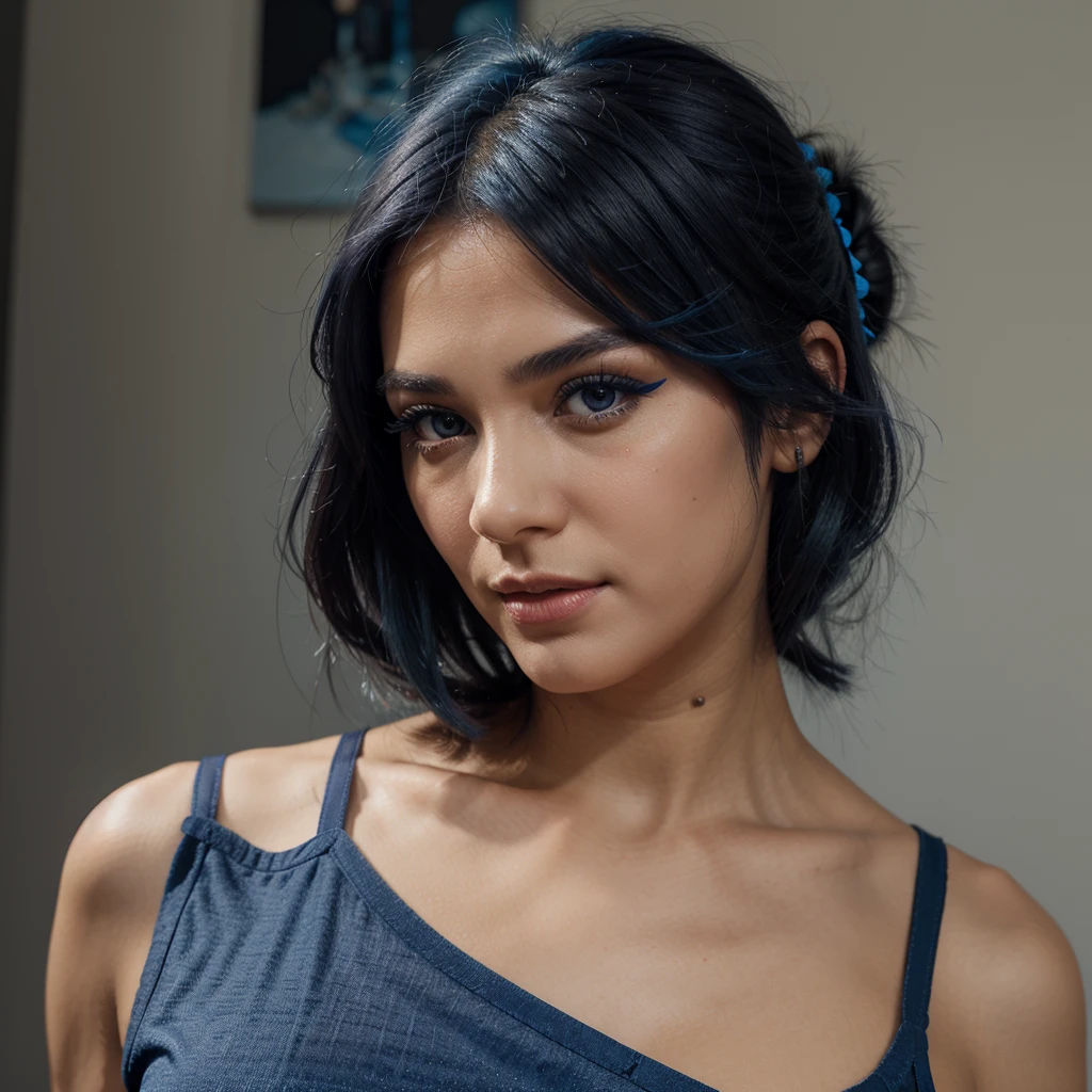 face in blue mascara with black buné gray hair orange camisole