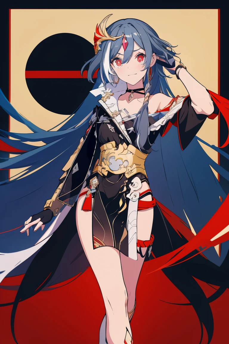 Senti_Default, long hair, black hair, hair ornament, red eyes, gloves, hair between eyes, black dress, china dress, chinese clothes, choker, fingerless gloves, asymmetrical gloves, asymmetrical sleeves, mismatched gloves, uneven sleeves, long sleeves,
