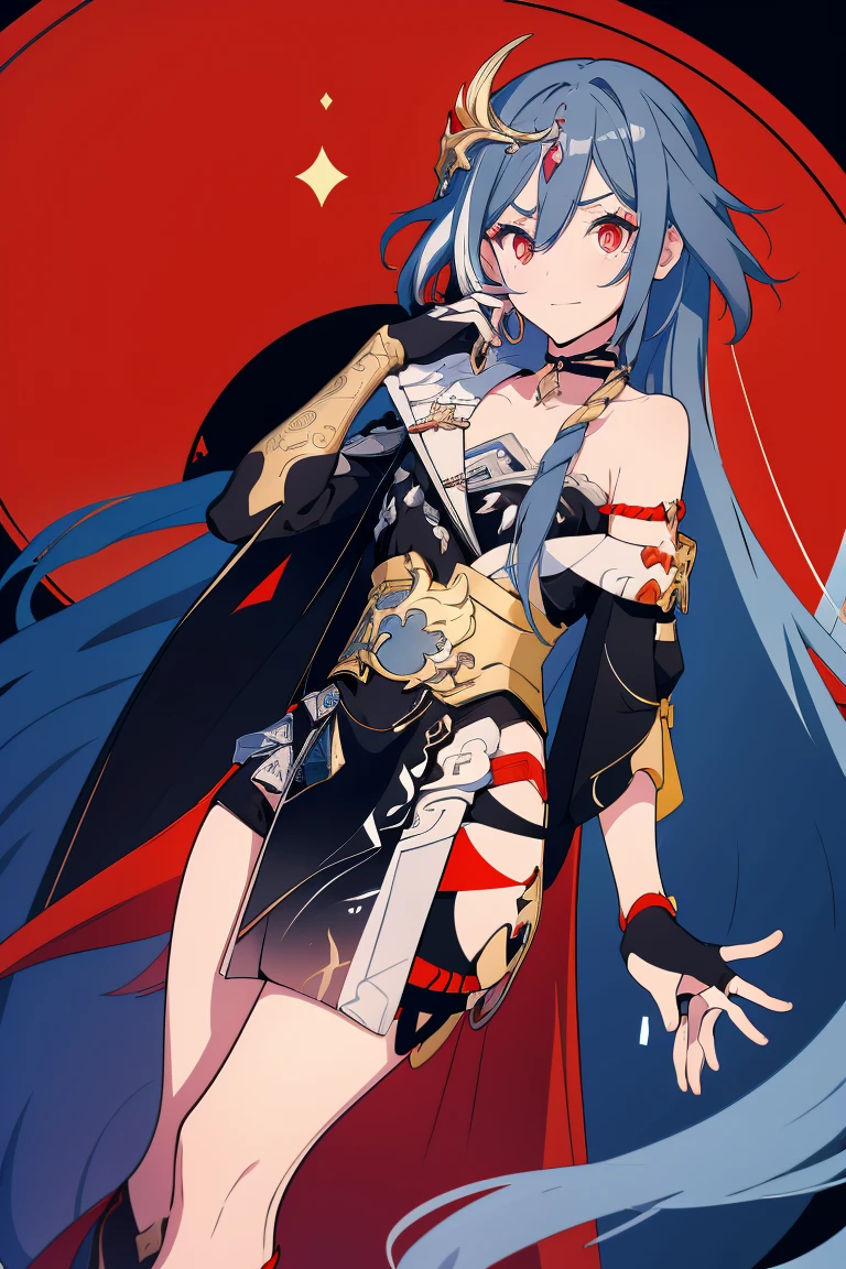 Senti_Default, long hair, black hair, hair ornament, red eyes, gloves, hair between eyes, black dress, china dress, chinese clothes, choker, fingerless gloves, asymmetrical gloves, asymmetrical sleeves, mismatched gloves, uneven sleeves, long sleeves,