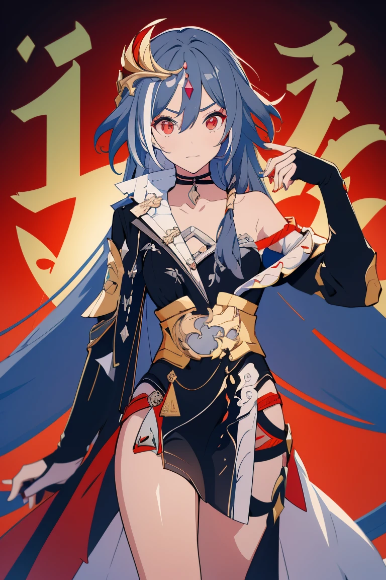 Senti_Default, long hair, black hair, hair ornament, red eyes, gloves, hair between eyes, black dress, china dress, chinese clothes, choker, fingerless gloves, asymmetrical gloves, asymmetrical sleeves, mismatched gloves, uneven sleeves, long sleeves,