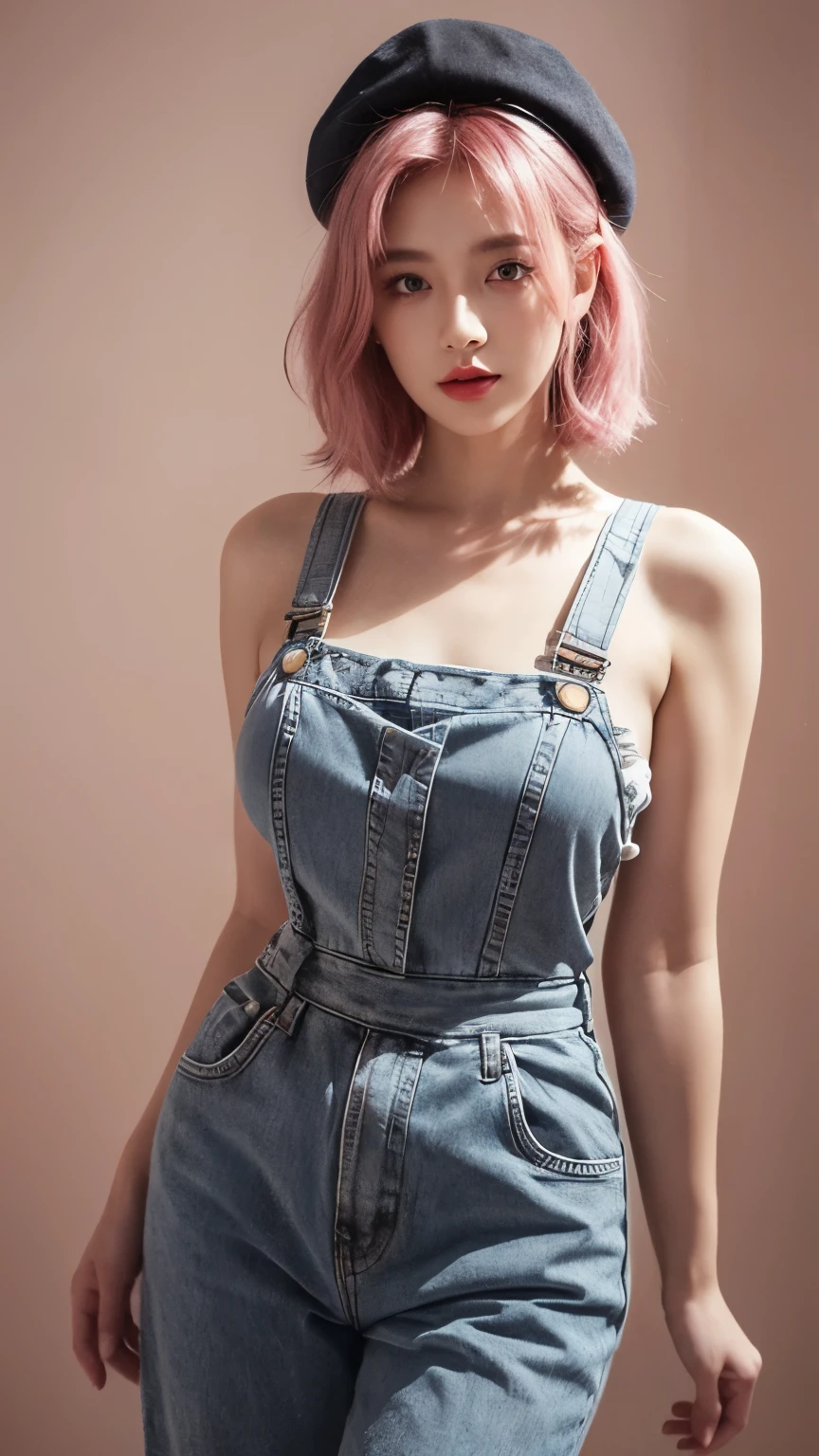 21yo girl,pink hair,bob hair,(vintage style girl),(80s style),(vintage),(80s vibes),wearing long-sleeved T-shirt,wearing overall jumpsuit, black beret, natural big breast, show big thigh, plump body,single sidelock hairpin blush modern cinematic lighting,ray tracing,drop shadow wide shot UHD,textured skin,high details,(below 1.2),best quality 4K