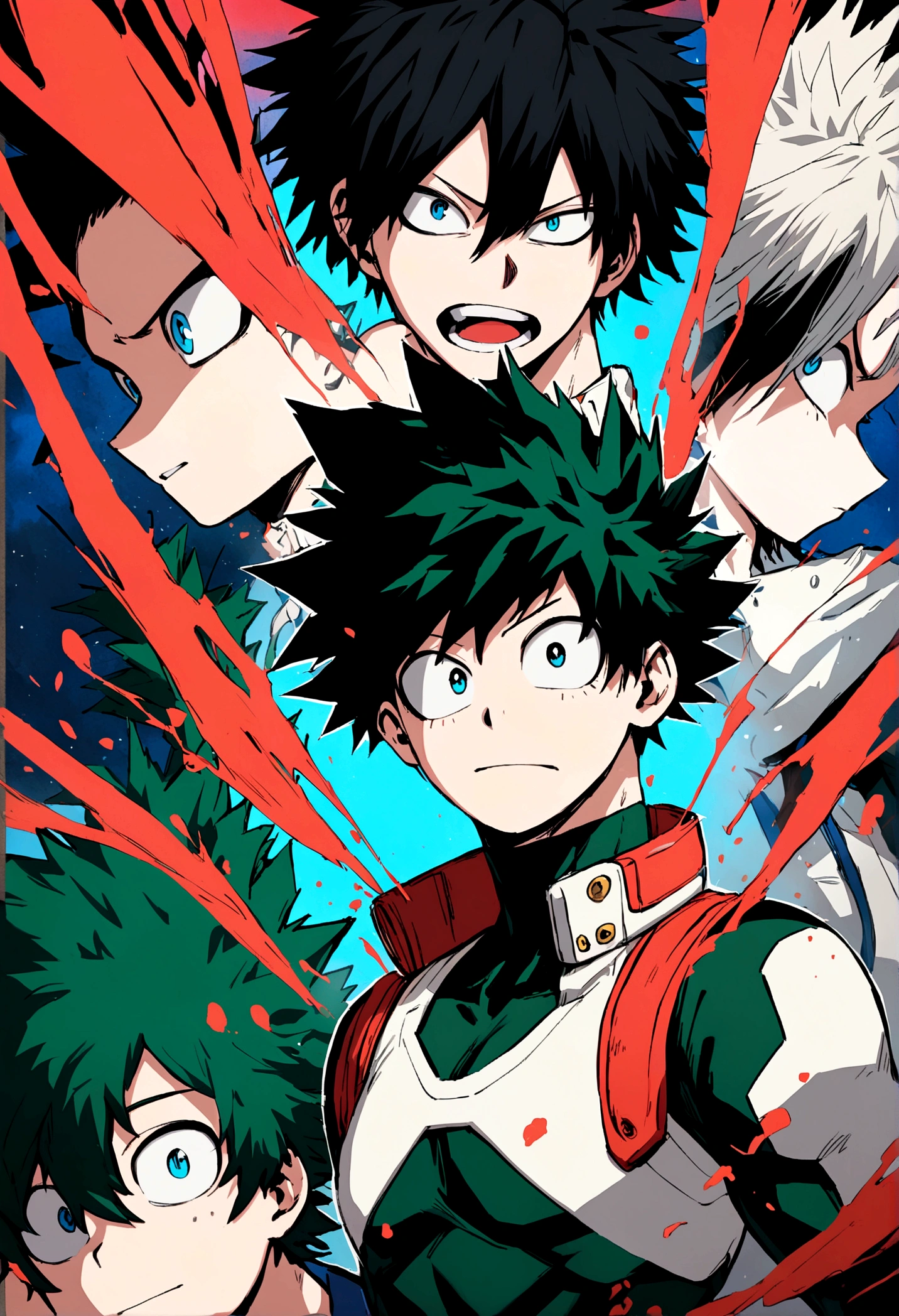 My hero academia, girl with short black hair and blue eyes, thin, with Izuku Midoriya, Katsuki Bakugo and Shoto Todoroki