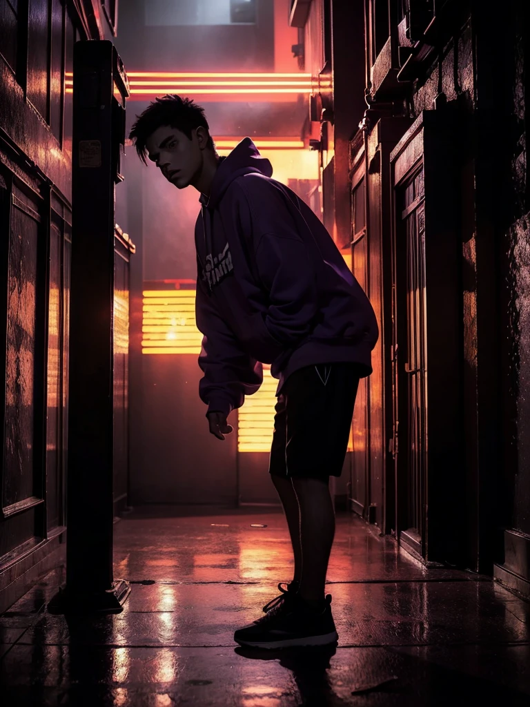 a man leaning on a pillar, head tilted down, wearing a hoodie, purple and red light, night, moody atmosphere, cinematic lighting, dramatic shadows, high contrast, muted colors, gritty urban setting, grunge style, realistic details, hyper-realistic, masterpiece, high resolution, 8k