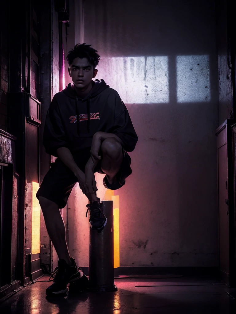 a man leaning on a pillar, head tilted down, wearing a hoodie, purple and red light, night, moody atmosphere, cinematic lighting, dramatic shadows, high contrast, muted colors, gritty urban setting, grunge style, realistic details, hyper-realistic, masterpiece, high resolution, 8k