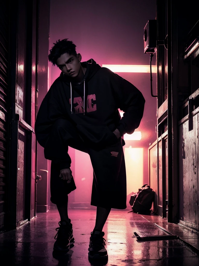 a man leaning on a pillar, head tilted down, wearing a hoodie, purple and red light, night, moody atmosphere, cinematic lighting, dramatic shadows, high contrast, muted colors, gritty urban setting, grunge style, realistic details, hyper-realistic, masterpiece, high resolution, 8k