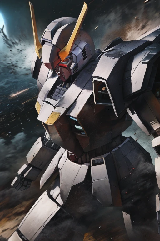 hector trunnec, masterpiece, best quality,  a Gundam mecha, smoke, glowing eyes, standing, close-up