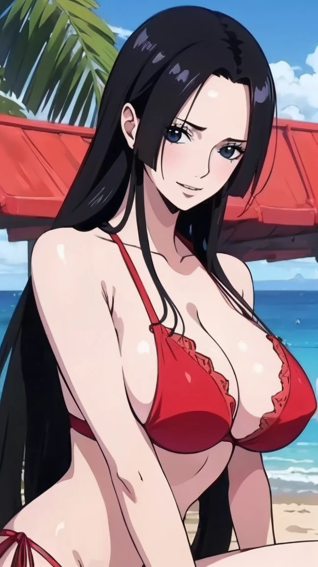 best quality, masterpiece, highly detailed,1girl, (detail light), Boa Hancock,, (masterpiece:1.5), Detailed Photo, Smiling,(8K, Photorealistic, Best Quality: 1.4), (1girl), Beautiful Face, (anime realistic Face), (Black Hair, long Hair: 1.3), Beautiful Hairstyle, Realistic eyes, beautiful detail eyes, (realistic skin), beautiful skin, absurd, attractive, ultra high resolution, ultra realistic, high definition, beach background, large breasts, red bikini