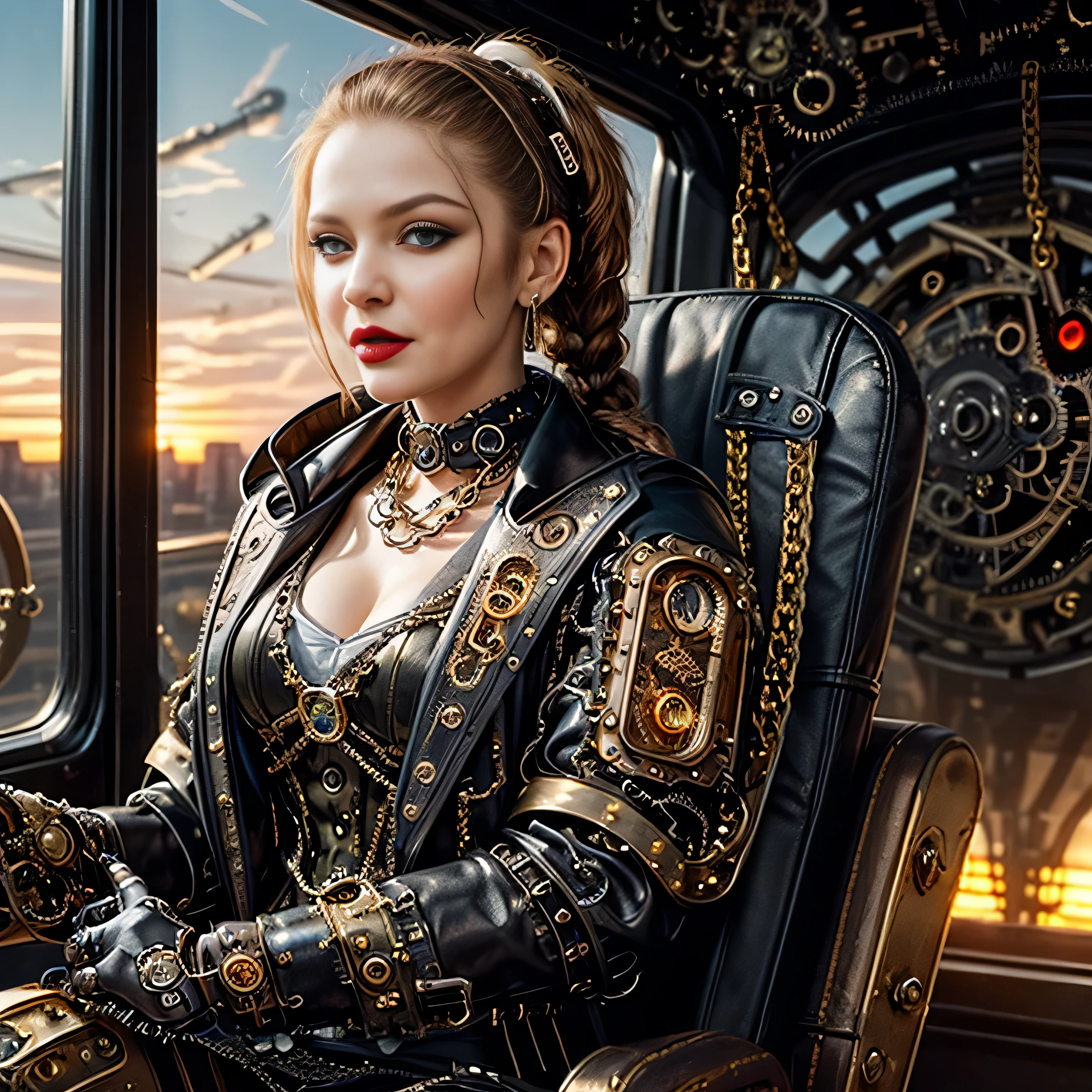 ((masterpiece, photorealistic:1.4, extremely intricate:1.3, photon mapping, radiosity, physically based rendering, ultra resolution, hyper-realistic, photorealistic:1.4, hyper-realistic, 8K)), ((((athletic female midbody, long pigtails windy [blonde hair:bright ginger hair:0.4], (([flat chest:medium breasts:0.8], upper body)), ((makeup:1.2, perfectchainmail, gold steampunk, black jacket), red lips, bright sunlight, sunset, silk shirt))))), outdoors, metal reflections, (futuristic apocalyptic city destroyed), professional photograph, soft focus, dramatic, award winning, cinematic lighting, volumetrics dtx, (film grain, blurry background, blurry foreground, bokeh, depth of field), BREAK; BREAK, (((((background steampunk machine cockpit, sitting in a black leather chair, dials, switches)))))
