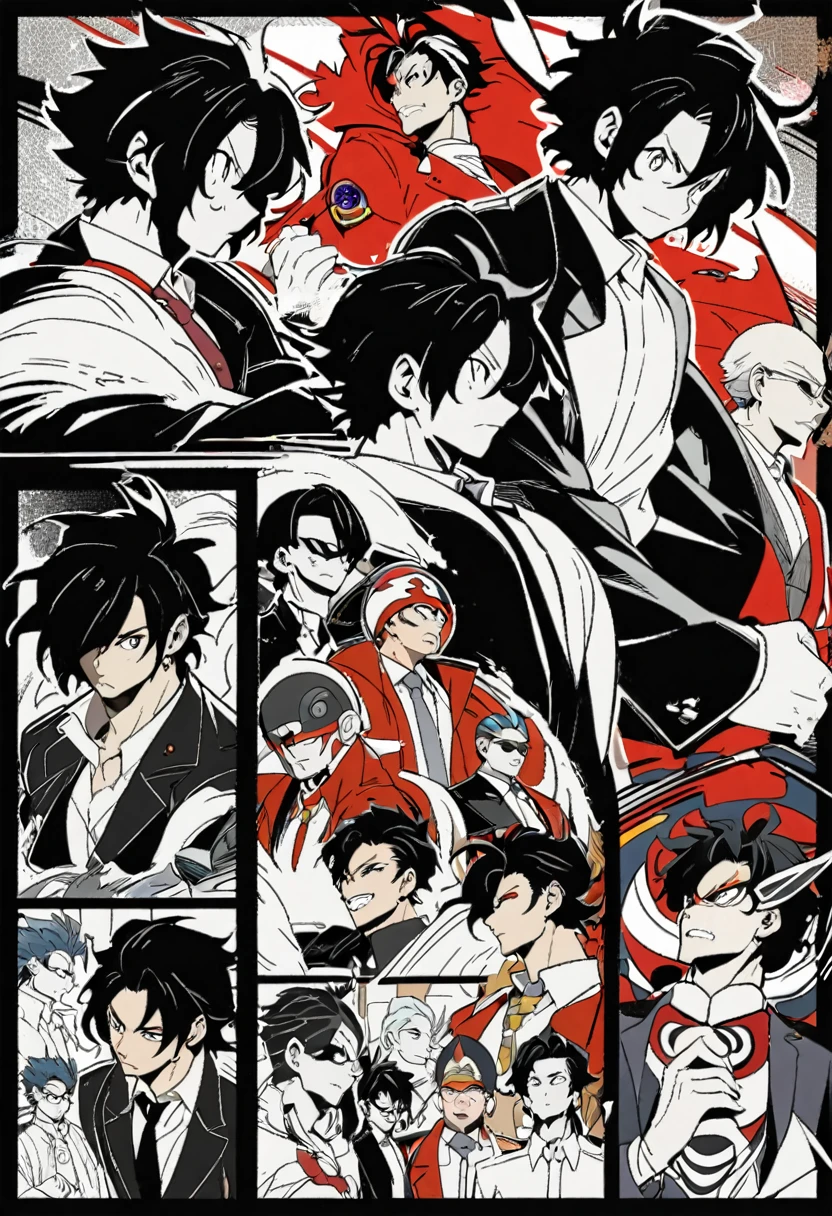 1man, anime man, messy hair, suit, gurren lagaan, side view, multiple drawing, clean line art, outline