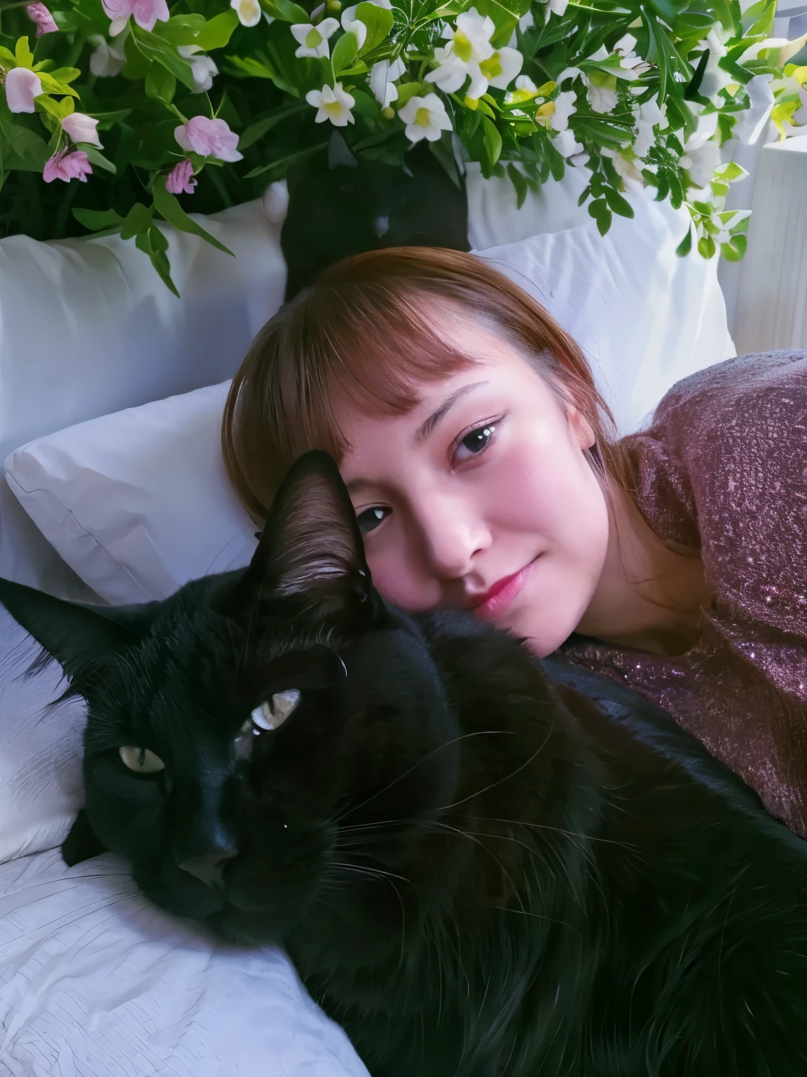 girl and black cat on pillows