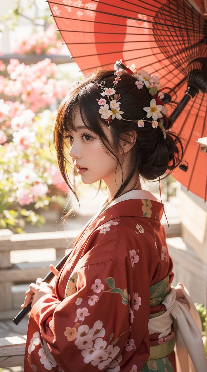 Beautiful Japanese Waifu, brunette hair, traditional Japanese yukata, red papaer umbrella, flowery hair decoration