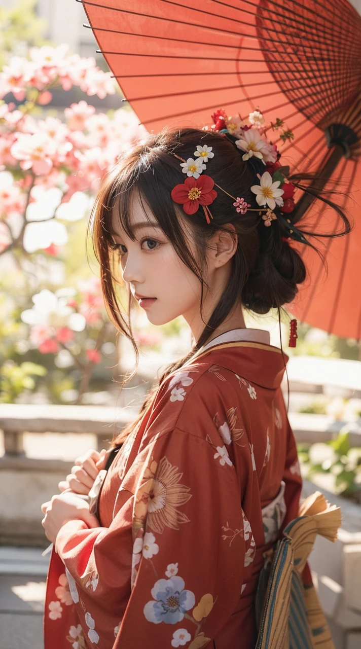 Beautiful Japanese Waifu, brunette hair, traditional Japanese yukata, red papaer umbrella, flowery hair decoration 