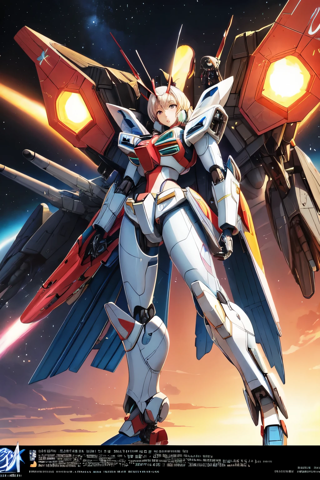 anime character standing in front of a fighter plane in the sky, modern mecha anime, macross franchise, mecha anime, disturbance mechanism, modern sci fi anime, macross, mobile suit, feminine wick, arte zoids, girl with mecha cybernetic armor, Official character art, portrait anime girl space cadet, Official Art