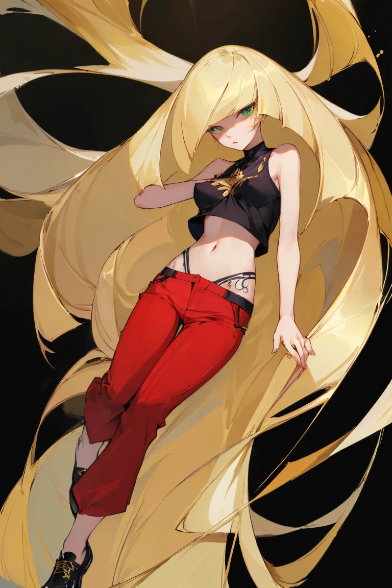 ((Highest quality)), ((masterpiece)), (Familiar), Lusamine,Tattoo,thin,Long blonde hair,Small breasts,Small breasts,Erect nipples,Adult female,Green Eyes,Slanted Eyes,White and black T-shirt,No sleeve,Gold embroidery,Black shoes,Fascinating,Red pants
