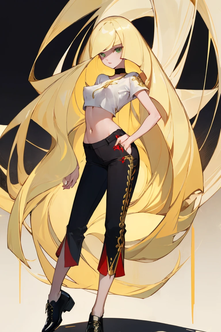 ((Highest quality)), ((masterpiece)), (Familiar), Lusamine,Tattoo,thin,Long blonde hair,Small breasts,Small breasts,Erect nipples,Adult female,Green Eyes,Slanted Eyes,White and black T-shirt,No sleeve,Gold embroidery,Black shoes,Fascinating,Red pants