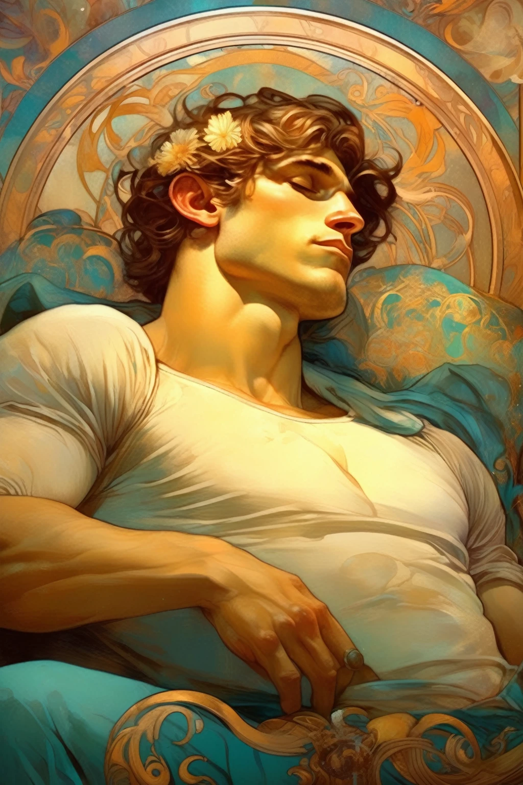 Alphonse Mucha Style - handsome late-thierties sleeping prince in the style of alphonse mucha The painting must capture the multifaceted and energetic essence of a powerful Aquarius, showing duality, creativity and intense discipline and focus. The scene must be rich in symbolism, representing the disciplined personality while incorporating elements of bodybuilding culture, suggesting the fusion of intellectuality and physical vigor.