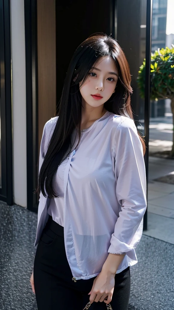 one girl,Beutiful women, セクシー,大きい胸,In the city,During the day,Office casual clothes,Long Hair,Black hair color