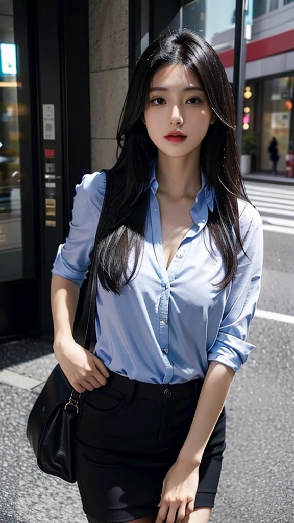 one girl,Beutiful women, セクシー,大きい胸,In the city,During the day,Office casual clothes,Long Hair,Black hair color