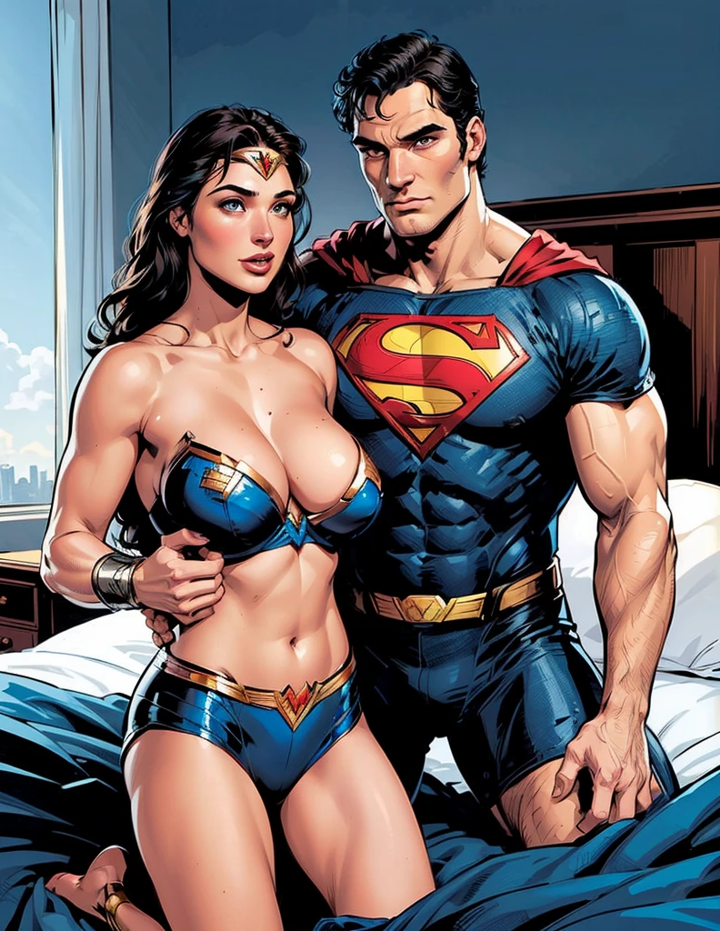 ((Best quality)), (masterpiece), (super Fine), (illustration), (Detail Light), (Extremely exquisite and beautiful), Two people，A man and a woman，Henry Cavill as superman，&quot;s&quot; logo on chest，Dark blue briefs(strong man：1.2), (Cowboy lens), A woman，Gal Gadot as Wonder Woman， Bikini， huge breasts, Huge ass, plump body, Two people lying on the bed，Embrace，kiss， (beautiful eyes), Negative space, Detailed background