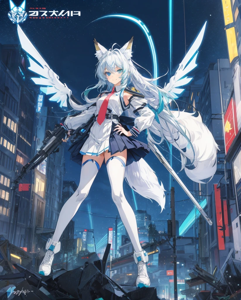 Masterpiece, sexy mecha-musume, light mecha top suit ((small neko ears)) and ((fox tail)), mechanical extensions, stokings, she is holding a giant Sniper Rifle Pointed to the ground,
Beautiful face with perfect sky-blue and green eyes, white long hair, damaged oversized shirt over the suit which shows shoulders and skin. Futuristic white and black wings with neon.
Cool dynamic pose, school skirt, loose necktie. High quality anime style.
The girl has just trasformed ,she is a school student that battle against angels.
The mecha suit is only an accessory, she is wearings a that has been damaged.
She has very big white and blue mechanical tech fluo wings,she is standing in front of her enemies with a brave smile.
City night on background, lights effects
