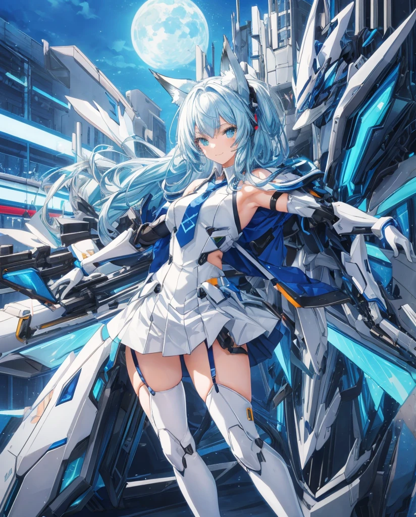 Masterpiece, sexy mecha-musume, light mecha top suit ((small neko ears)) and ((fox tail)), mechanical extensions, stokings, she is holding a giant Sniper Rifle Pointed to the ground,
Beautiful face with perfect sky-blue and green eyes, white long hair, damaged oversized shirt over the suit which shows shoulders and skin. Futuristic white and black wings with neon.
Cool dynamic pose, school skirt, loose necktie. High quality anime style.
The girl has just trasformed ,she is a school student that battle against angels.
The mecha suit is only an accessory, she is wearings a that has been damaged.
She has very big white and blue mechanical tech fluo wings,she is standing in front of her enemies with a brave smile.
City night on background, lights effects