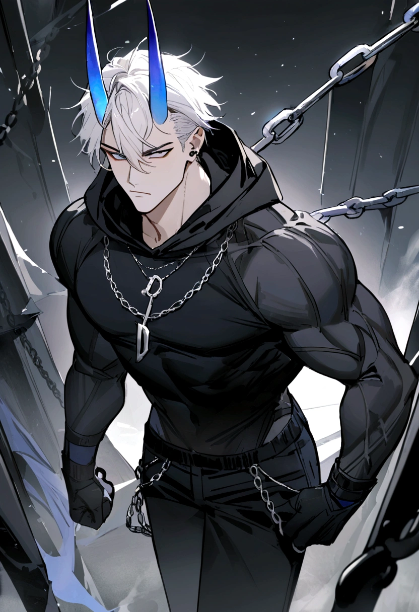 homen,Strong muscles, White hair, best qualityer, black jersey, blue and black pants black hood with blue horn, chain with letter D pendant