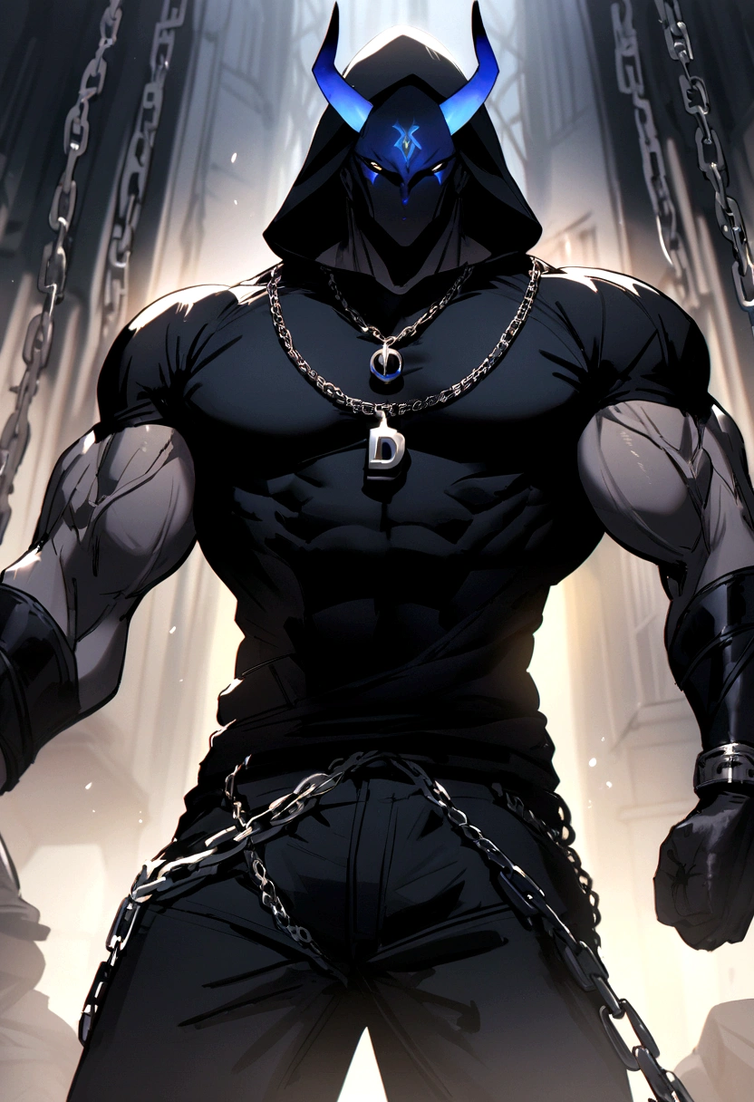 homen,Strong muscles, White hair, best qualityer, black jersey, blue and black pants black hood with blue horn, chain with letter D pendant