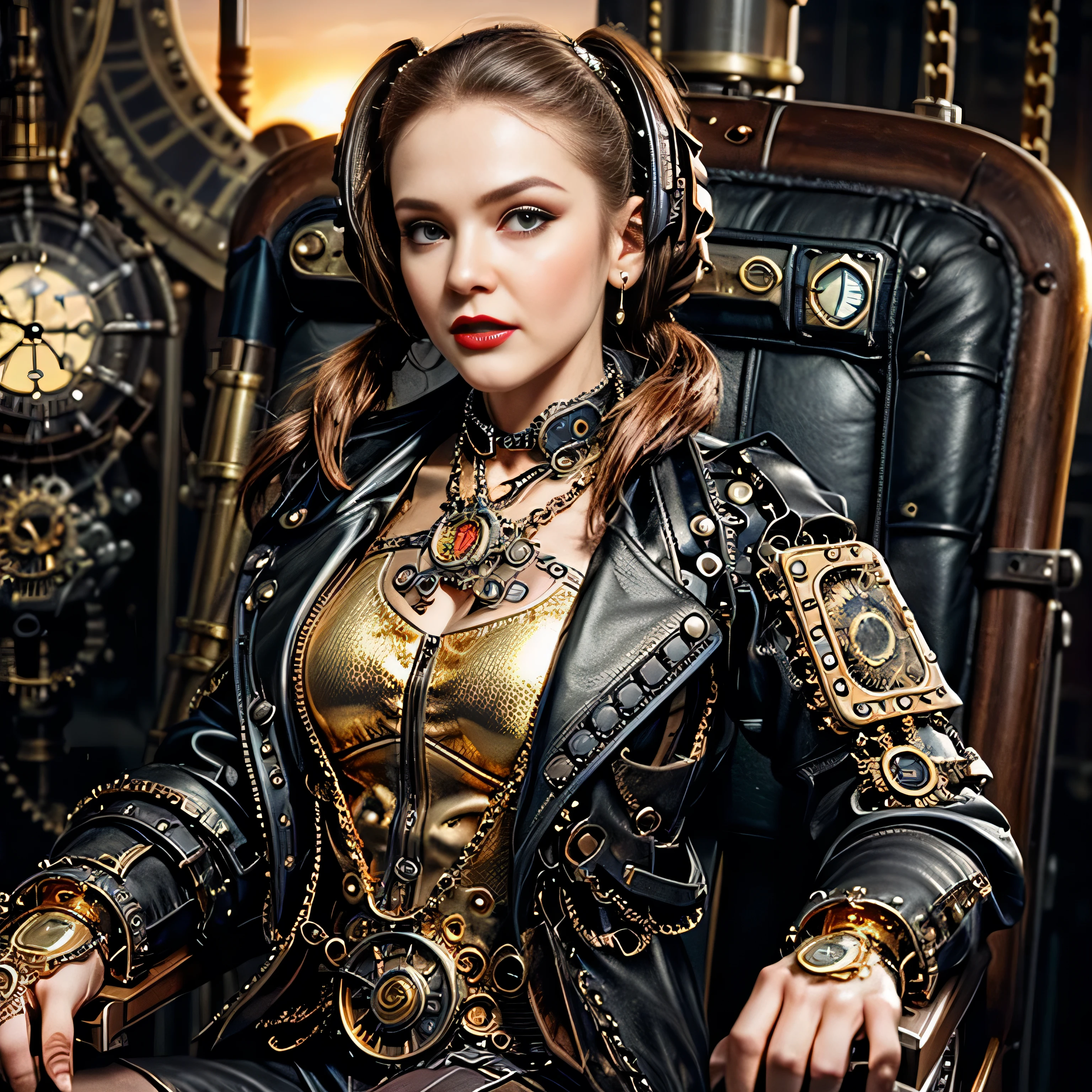 ((masterpiece, photorealistic:1.4, extremely intricate:1.3, photon mapping, radiosity, physically based rendering, ultra resolution, hyper-realistic, photorealistic:1.4, hyper-realistic, 8K)), ((((athletic female midbody, long pigtails windy [blonde hair:bright ginger hair:0.4], (([flat chest:medium breasts:0.8], upper body)), ((makeup:1.2, perfectchainmail, gold steampunk, black jacket), red lips, bright sunlight, sunset, silk shirt))))), outdoors, metal reflections, (futuristic apocalyptic city destroyed), professional photograph, soft focus, dramatic, award winning, cinematic lighting, volumetrics dtx, (film grain, blurry background, blurry foreground, bokeh, depth of field), BREAK; BREAK, (((((background steampunk machine cockpit, sitting in a black leather chair, dials, switches)))))
