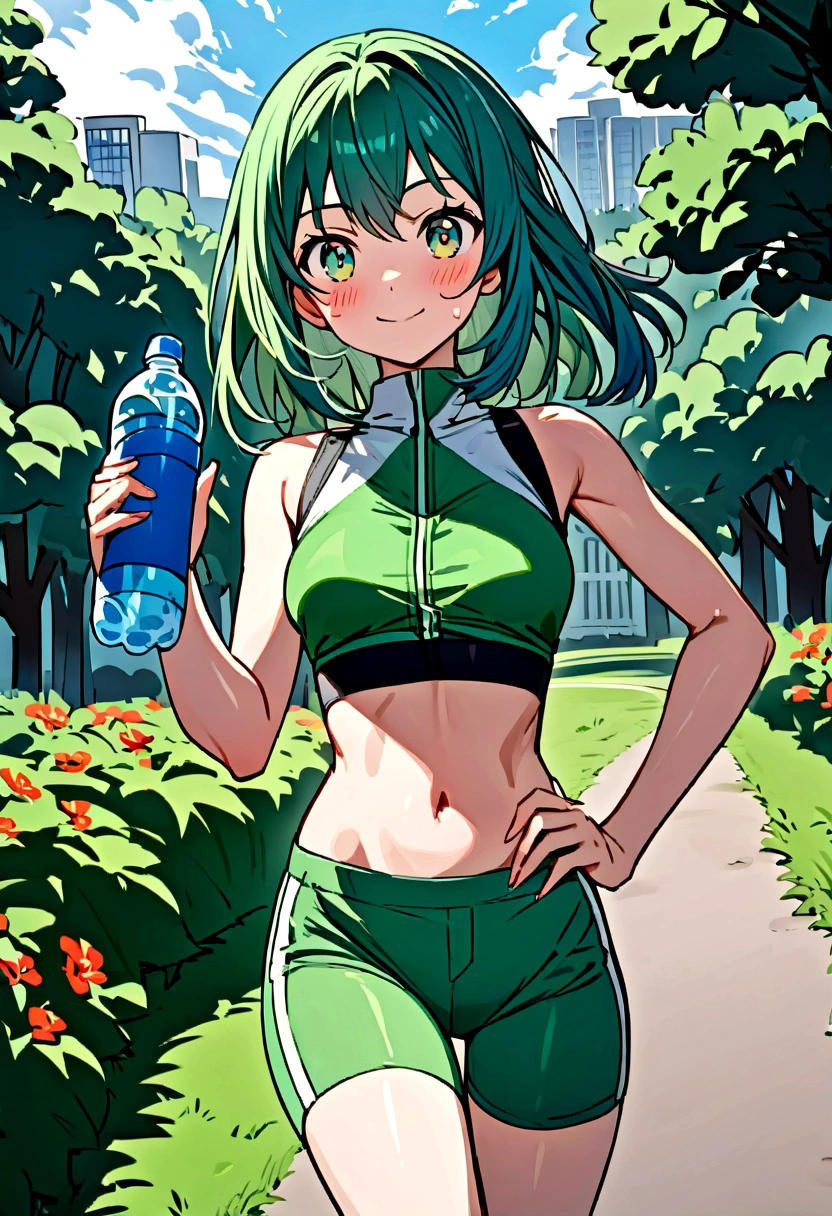 a young girl with long, smooth green hair and large, bright green eyes. Her skin is light and clear, with a delicate blush on her cheeks.
Sayaka is wearing a green top that emphasises her slim figure and slightly reveals her stomach. She is wearing tight green shorts that emphasise her long legs and figure. The image is complemented by light white trainers.
 She stands confidently, with a slight smile on her face. One hand rests on her hip, the other holds a sports bottle with water. Her eyes radiate kindness and enthusiasm.
 Sayaka stands on a sun-drenched sports field surrounded by green trees and shrubs. In the distance, you can see city buildings and park paths where other athletes are running around.
 Modern with bright and rich colours. The image is detailed, with an emphasis on freshness and athleticism.