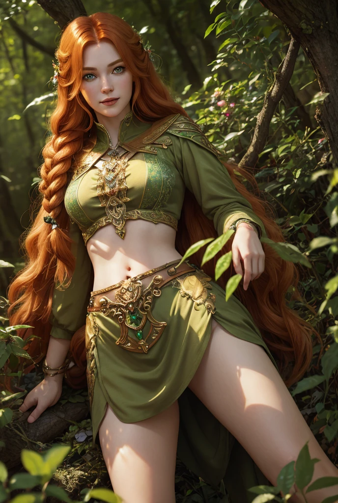 masterpiece, fulllength, perfect body, perfect face, ginger hair, long braided hair, fantasy character, druid, wood elf, perfect breasts, thighs, midriff, green eyes, magical, smiling