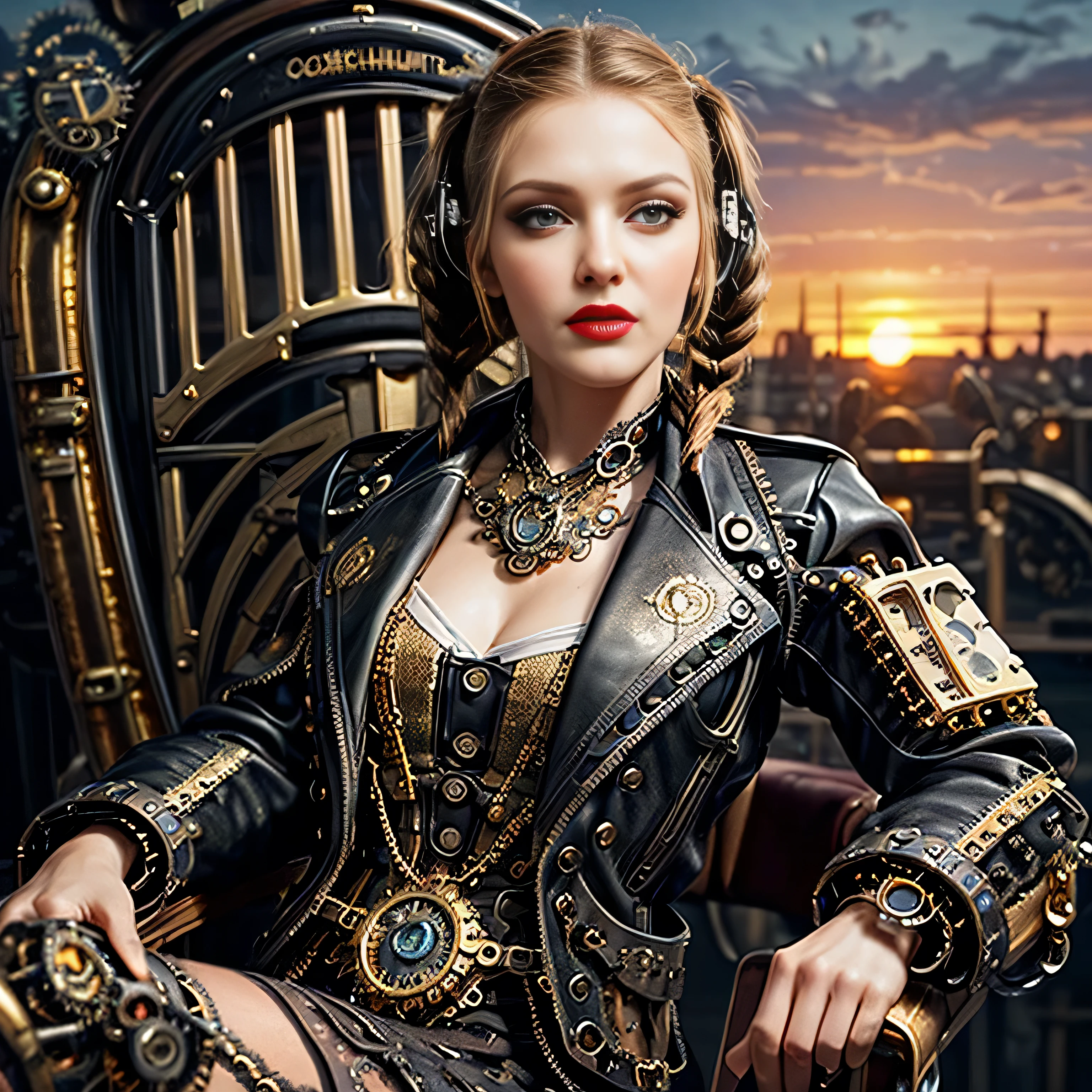 ((masterpiece, photorealistic:1.4, extremely intricate:1.3, photon mapping, radiosity, physically based rendering, ultra resolution, hyper-realistic, photorealistic:1.4, hyper-realistic, 8K)), ((((athletic female midbody, long pigtails windy [blonde hair:bright ginger hair:0.4], (([flat chest:medium breasts:0.8], upper body)), ((makeup:1.2, perfectchainmail, gold steampunk, black jacket), red lips, bright sunlight, sunset, silk shirt))))), outdoors, metal reflections, (futuristic apocalyptic city destroyed), professional photograph, soft focus, dramatic, award winning, cinematic lighting, volumetrics dtx, (film grain, blurry background, blurry foreground, bokeh, depth of field), BREAK; BREAK, (((((background steampunk machine cockpit, sitting in a black leather chair, dials, switches)))))