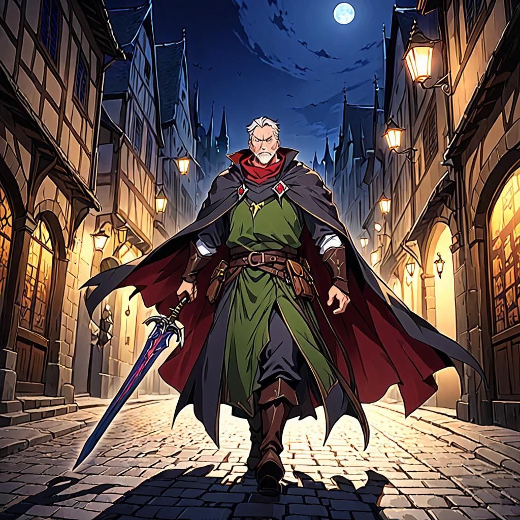 A mature and stable middle-aged man,His profession is a demon hunter.,Wearing a cape,Holding a sword,There are some scars on the face,Walking in the streets of medieval Europe,Night view。Mid-ground composition,Full body pictures,Colored screen,Anime illustration style,HD,4K。
