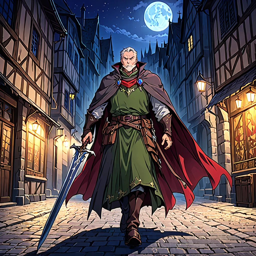 A mature and stable middle-aged man,His profession is a demon hunter.,Wearing a cape,Holding a sword,There are some scars on the face,Walking in the streets of medieval Europe,Night view。Mid-ground composition,Full body pictures,Colored screen,Anime illustration style,HD,4K。