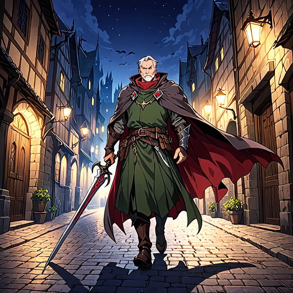 A mature and stable middle-aged man，His profession is a demon hunter.，Wearing a cape，Holding a sword，There are some scars on the face，Walking in the streets of medieval Europe，Night view。Mid-ground composition，Full body pictures，Colored screen，Anime illustration style，HD，4K。