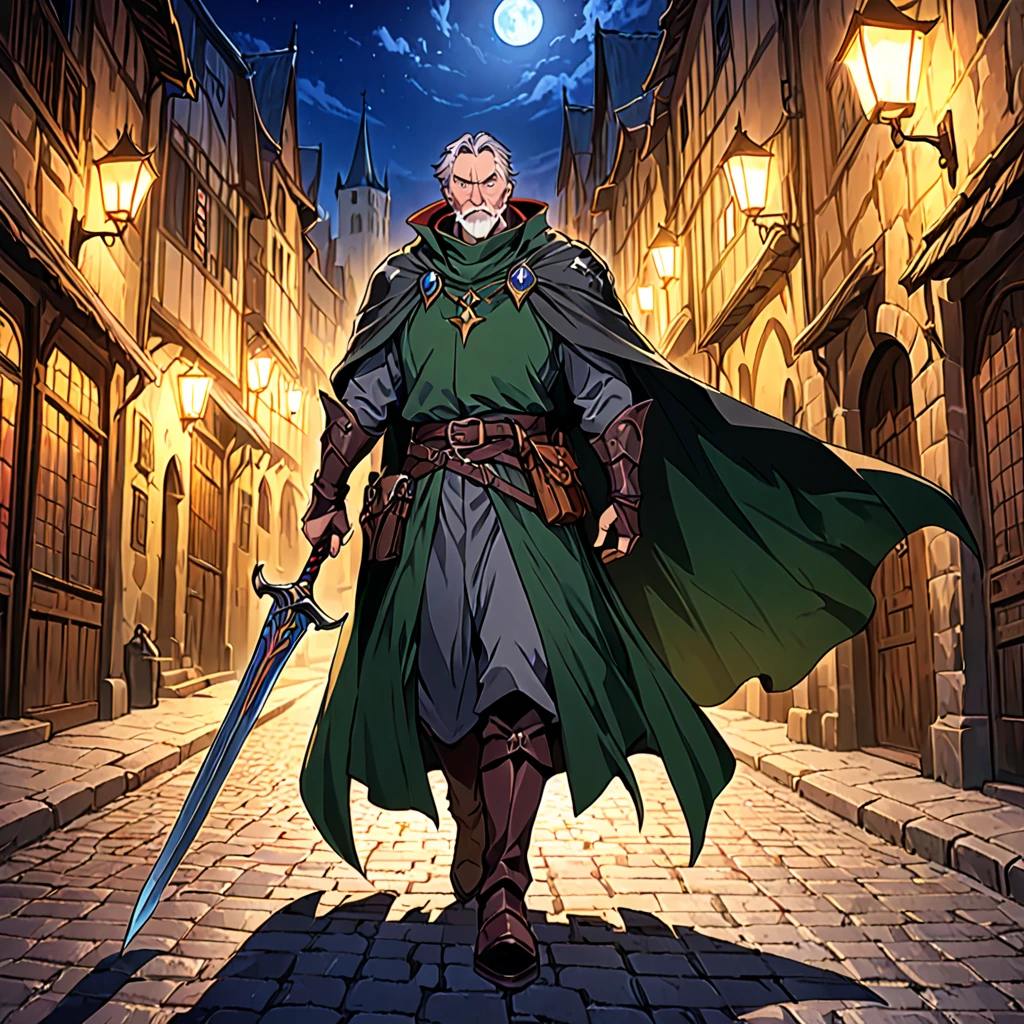 A mature and stable middle-aged man,His profession is a demon hunter.,Wearing a cape,Holding a sword,There are some scars on the face,Walking in the streets of medieval Europe,Night view。Mid-ground composition,Full body pictures,Colored screen,Anime illustration style,HD,4K。