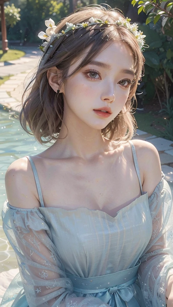 1girl, intricate detailed face, beautiful detailed eyes, beautiful detailed lips, extremely detailed facial features, longeyelashes, porcelain skin, elegant posture, serene expression, flowing hair, flower crown, lush garden, ambient lighting, pastel colors, digital painting, vibrant colors, highly detailed, photorealistic, 8k, masterpiece