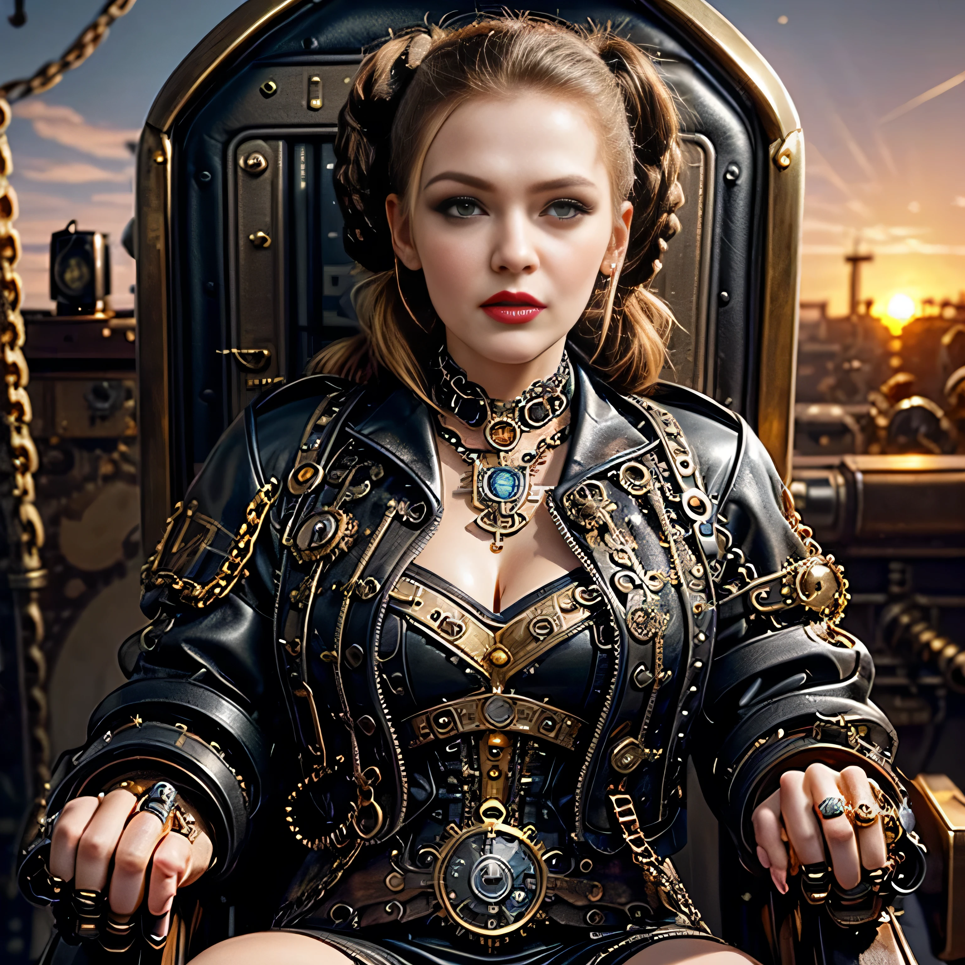 ((masterpiece, photorealistic:1.4, extremely intricate:1.3, photon mapping, radiosity, physically based rendering, ultra resolution, hyper-realistic, photorealistic:1.4, hyper-realistic, 8K)), ((((athletic female midbody, long pigtails windy [blonde hair:bright ginger hair:0.4], (([flat chest:medium breasts:0.8], upper body)), ((makeup:1.2, perfectchainmail, gold steampunk, black jacket), red lips, bright sunlight, sunset, silk shirt))))), outdoors, metal reflections, (futuristic apocalyptic city destroyed), professional photograph, soft focus, dramatic, award winning, cinematic lighting, volumetrics dtx, (film grain, blurry background, blurry foreground, bokeh, depth of field), BREAK; BREAK, (((((background steampunk machine cockpit, sitting in a black leather chair, dials, switches)))))