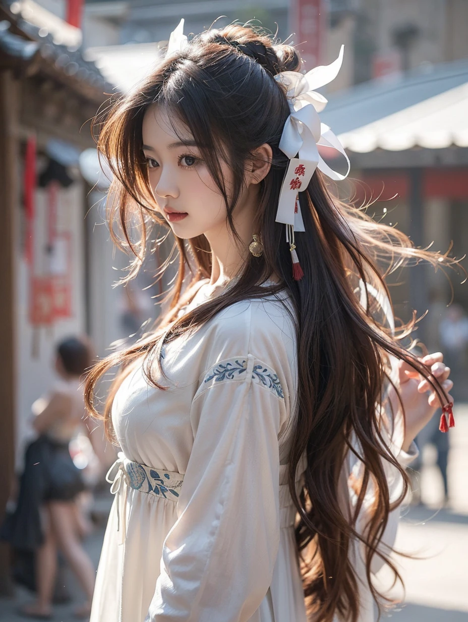 Beautiful Japanese Waifu, brunette hair, traditional Chinese dress in white, in ancient Chinese city