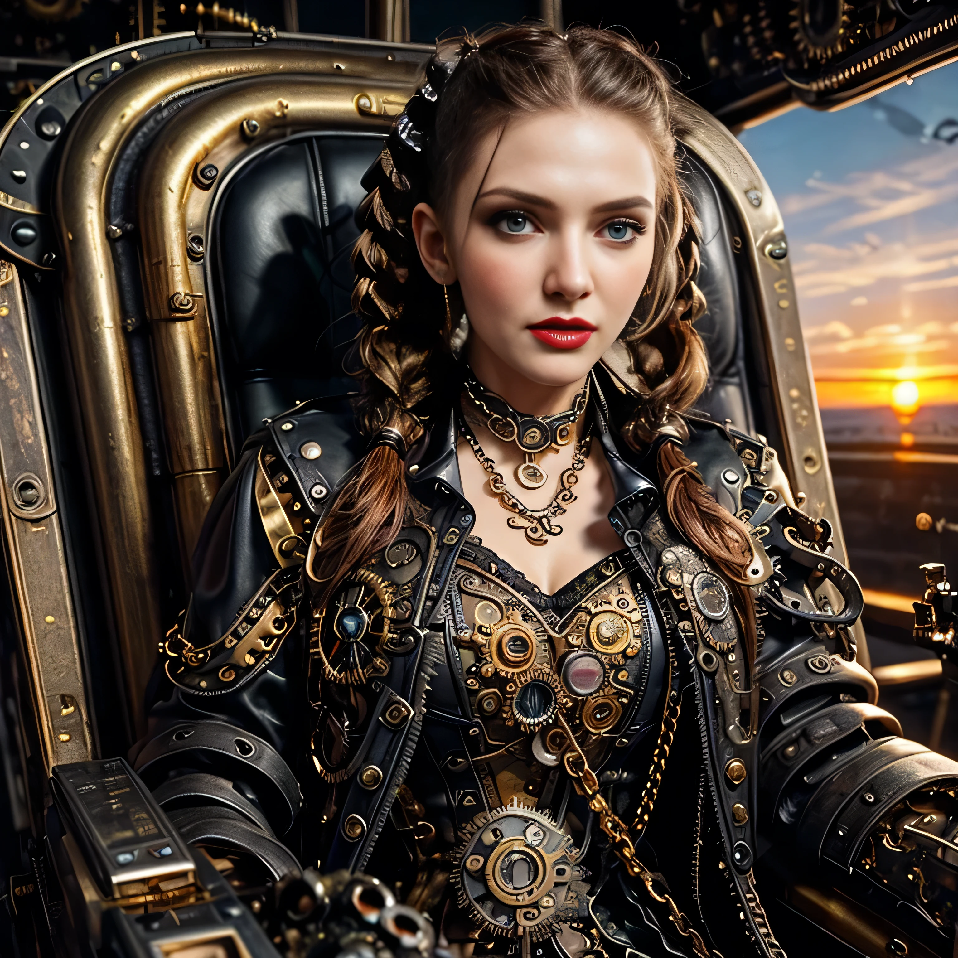 ((masterpiece, photorealistic:1.4, extremely intricate:1.3, photon mapping, radiosity, physically based rendering, ultra resolution, hyper-realistic, photorealistic:1.4, hyper-realistic, 8K)), ((((athletic female midbody, long pigtails windy [blonde hair:bright ginger hair:0.4], (([flat ::0.8], upper body)), ((makeup:1.2, perfectchainmail, gold steampunk, black jacket), red lips, bright sunlight, sunset, silk shirt))))), outdoors, metal reflections, (futuristic apocalyptic city destroyed), professional photograph, soft focus, dramatic, award winning, cinematic lighting, volumetrics dtx, (film grain, blurry background, blurry foreground, bokeh, depth of field), BREAK; BREAK, (((((background steampunk machine cockpit, sitting in a black leather chair, dials, switches)))))