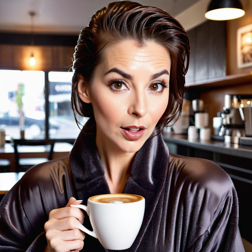 bearded lady shaggy, brown eyes, wet brown hair slicked back, big nose, in dressing gown serves coffee
