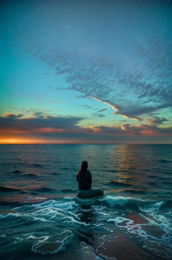 there is a person sitting on a rock looking out at the ocean, looking out over the sea, pensive , fading off to the horizon, looking out at the ocean, looking into the horizon, gazing off into the horizon, gazing at the water, looking into the distance, somber mood, looking off into the distance, standing beside the ocean